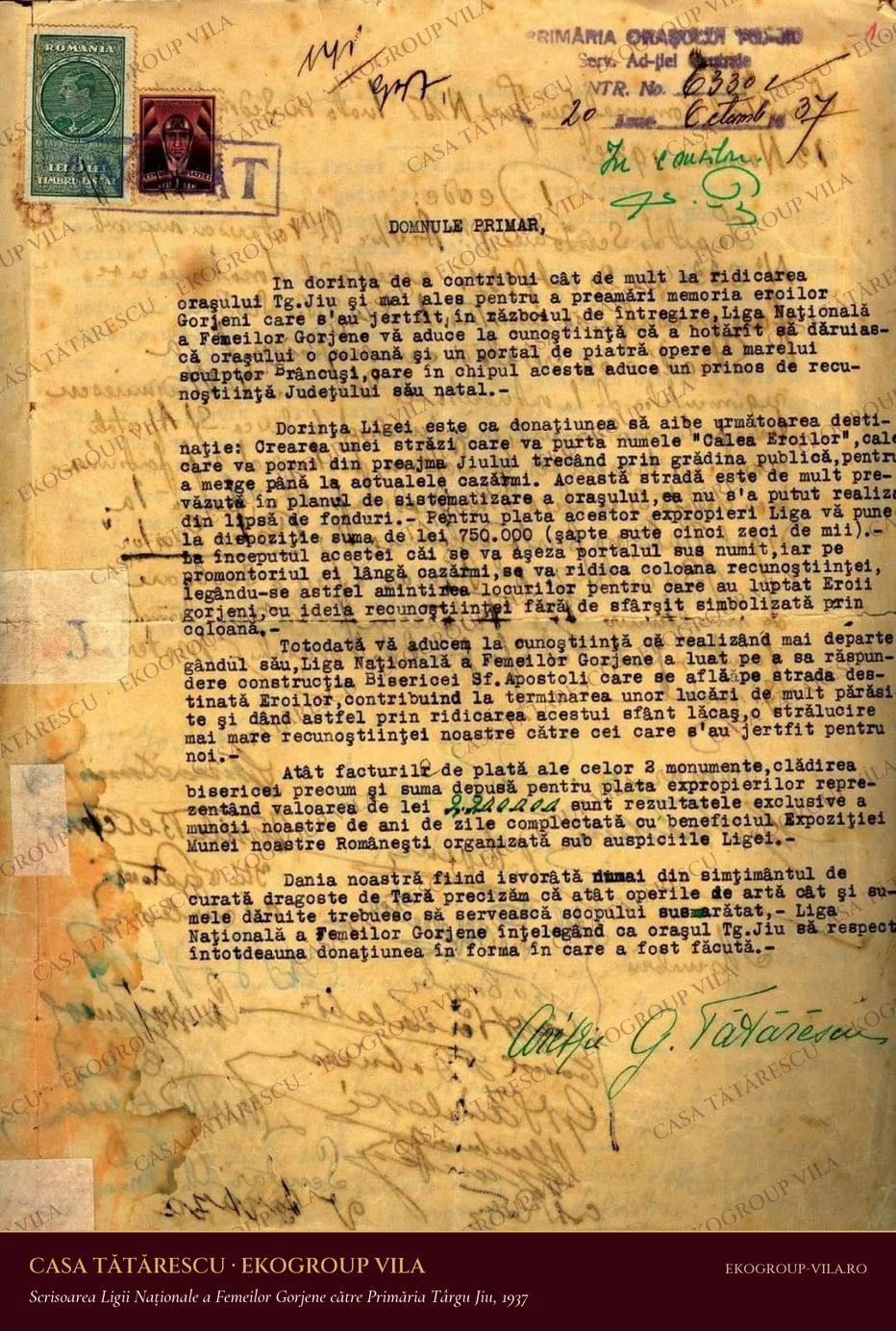 Scrisoarea Ligii Naționale a Femeilor Gorjene către Primăria Târgu Jiu, semnată de Arethia G. Tătărescu, 1937