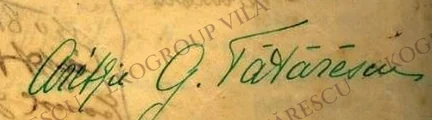 Semnătura Arethiei G. Tătărescu, în cerneală verde, pe scrisoarea din 1937